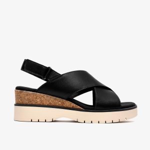Womens Diaz Cross Black Leather Wedges