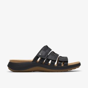 Womens Maelynn Abby Black Leather Flat Sandals