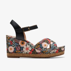 Womens Chicly Floral Black Print Wedges