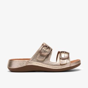 Womens Cecily Step Champagne Leather Flat Sandals
