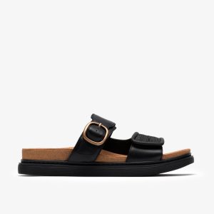 Womens Arwell Step Black Leather Flat Sandals