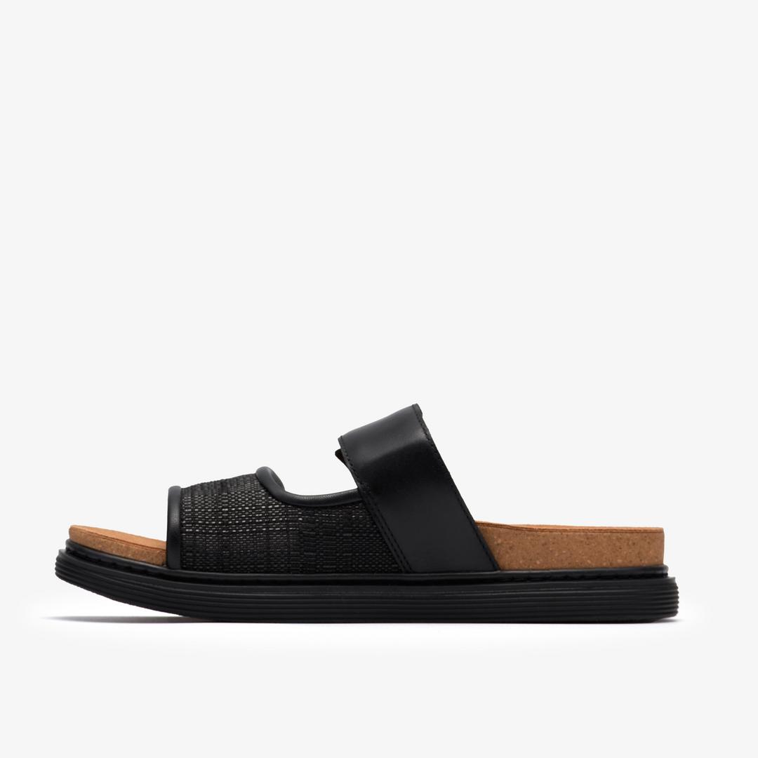 Womens Arwell Step Black Leather Flat Sandals - Image 2