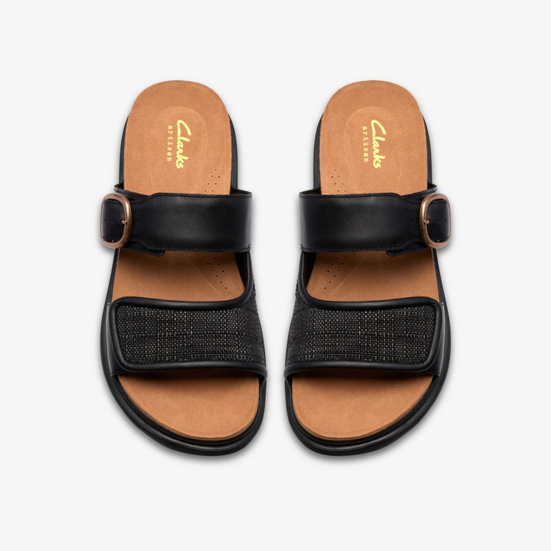 Womens Arwell Step Black Leather Flat Sandals - Image 6