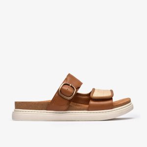 Womens Arwell Step Tan Leather Flat Sandals