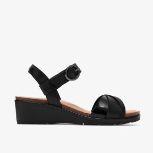 Womens Kacha Twist Black Leather Wedges
