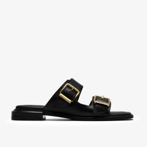 Womens Ariany Bay Black Leather Flat Sandals