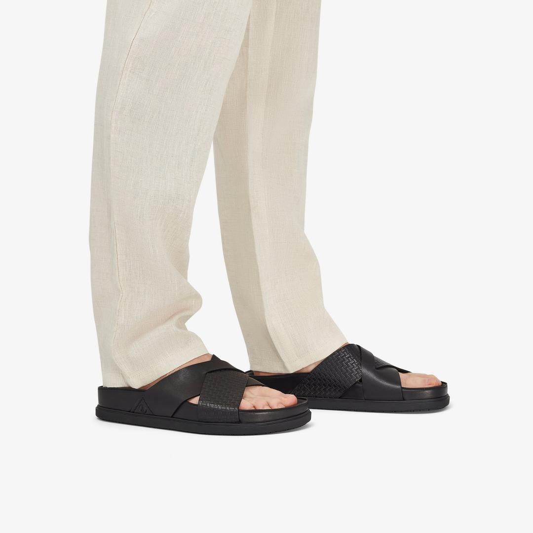 Mens Torford Cross Black Leather Flat Sandals - Image 2