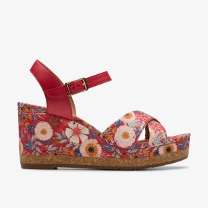 Women's Chicly Floral Red Print Wedges